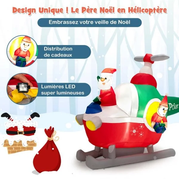 Père Noël Gonflable Décoratif Hélicoptère Décoration de Noël Longeur 180 cm avec 3 Lumières LED