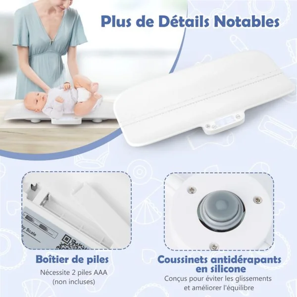 Pèse-bébé Numérique avec 4 Modes de Mesure Balance précise avec Écran LCD avec Échelle de 60 cm Piles non Incluses Blanc