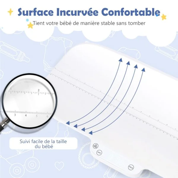 Pèse-bébé Numérique avec 4 Modes de Mesure Balance précise avec Écran LCD avec Échelle de 60 cm Piles non Incluses Blanc