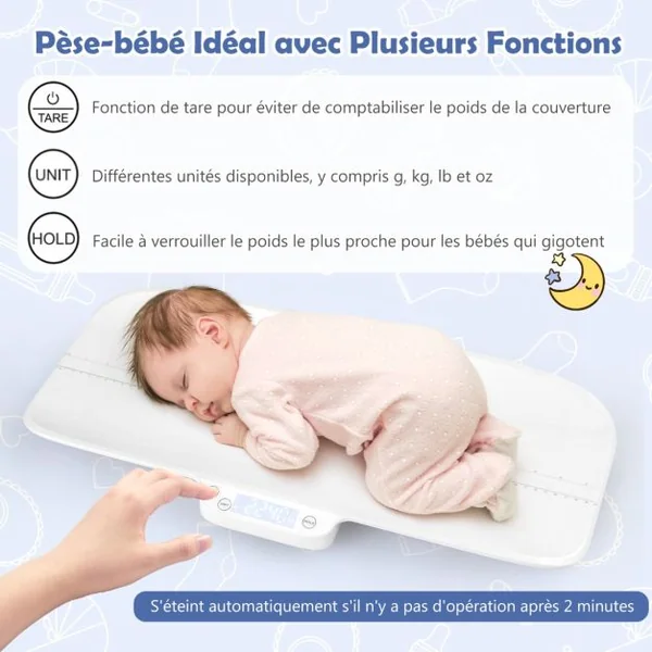 Pèse-bébé Numérique avec 4 Modes de Mesure Balance précise avec Écran LCD avec Échelle de 60 cm Piles non Incluses Blanc