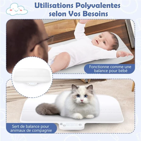 Pèse-bébé Numérique avec 4 Modes de Mesure Balance précise avec Écran LCD avec Échelle de 60 cm Piles non Incluses Blanc
