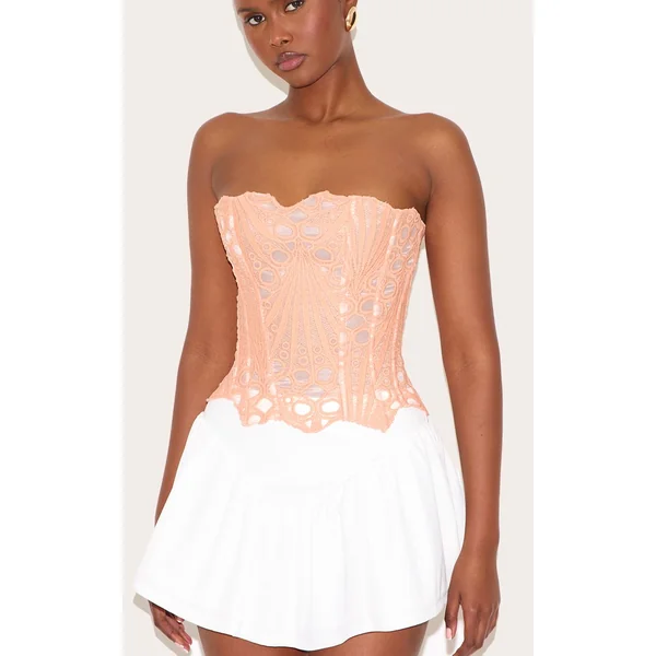 Pêche Corset En Dentelle Florale Transparente Texturée