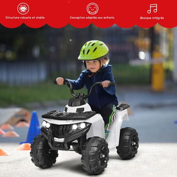 Quad Electrique pour Enfants 3 km/h Phares Musique MP3 USB AUX Volume Réglable Voiture pour Enfants de 3-6 Ans Blanc