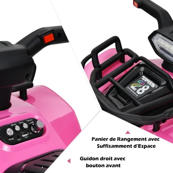 Quad Électrique Enfants avec 4 Roues Antidérapantes Musique Klaxon Lumière LED Guidon Lisse Boîte de Rangement Noir/Rose/Rouge/Vert