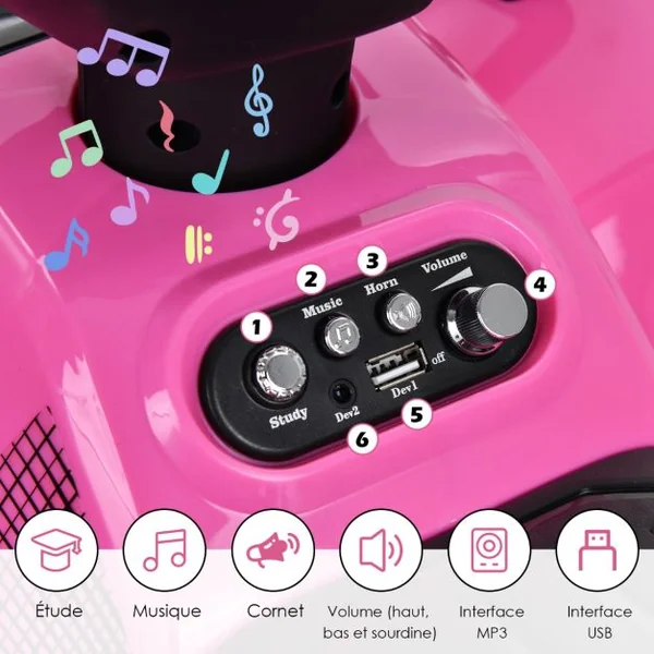 Quad Électrique Enfants avec 4 Roues Antidérapantes Musique Klaxon Lumière LED Guidon Lisse Boîte de Rangement Noir/Rose/Rouge/Vert