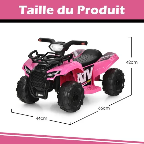 Quad Électrique Enfants avec 4 Roues Antidérapantes Musique Klaxon Lumière LED Guidon Lisse Boîte de Rangement Noir/Rose/Rouge/Vert