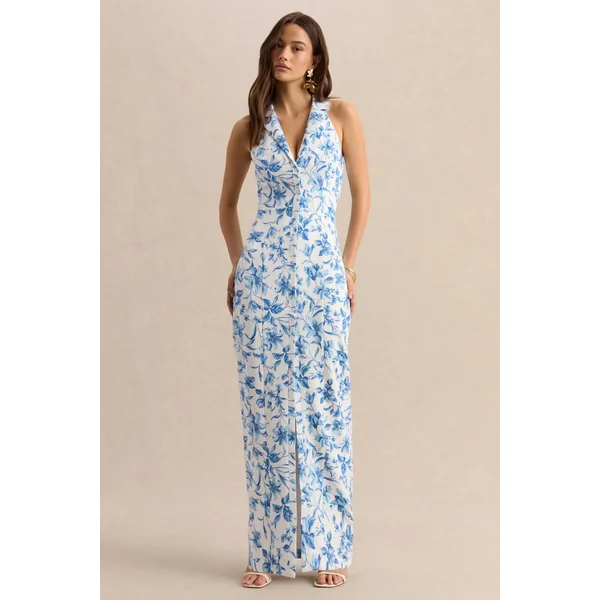 Quinn | Robe longue tailleur à décolleté plongeant et imprimé porcelaine bleu