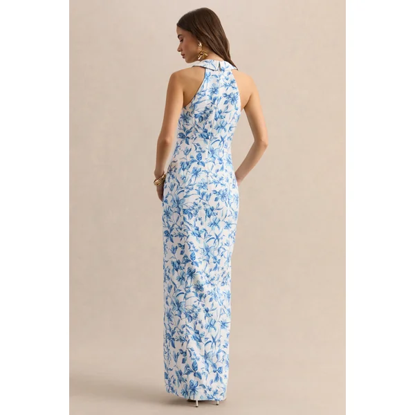 Quinn | Robe longue tailleur à décolleté plongeant et imprimé porcelaine bleu