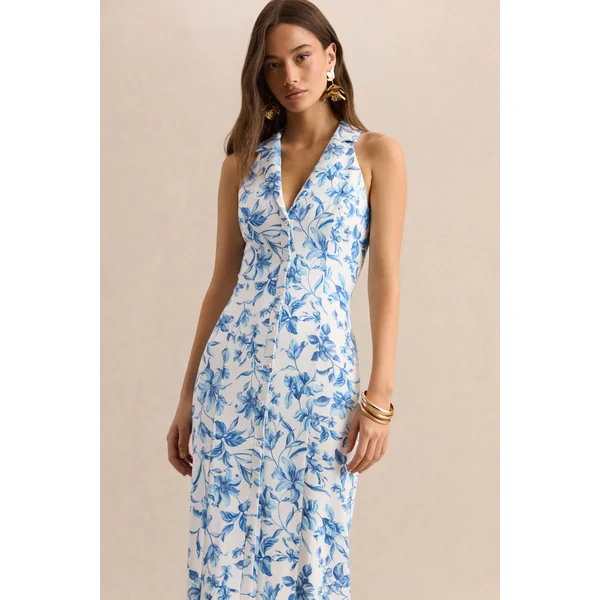 Quinn | Robe longue tailleur à décolleté plongeant et imprimé porcelaine bleu