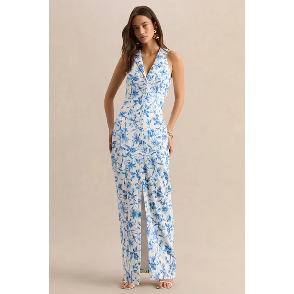 Quinn | Robe longue tailleur à décolleté plongeant et imprimé porcelaine bleu