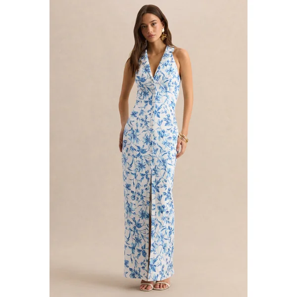 Quinn | Robe longue tailleur à décolleté plongeant et imprimé porcelaine bleu