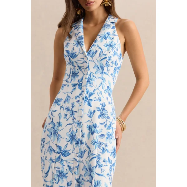 Quinn | Robe longue tailleur à décolleté plongeant et imprimé porcelaine bleu