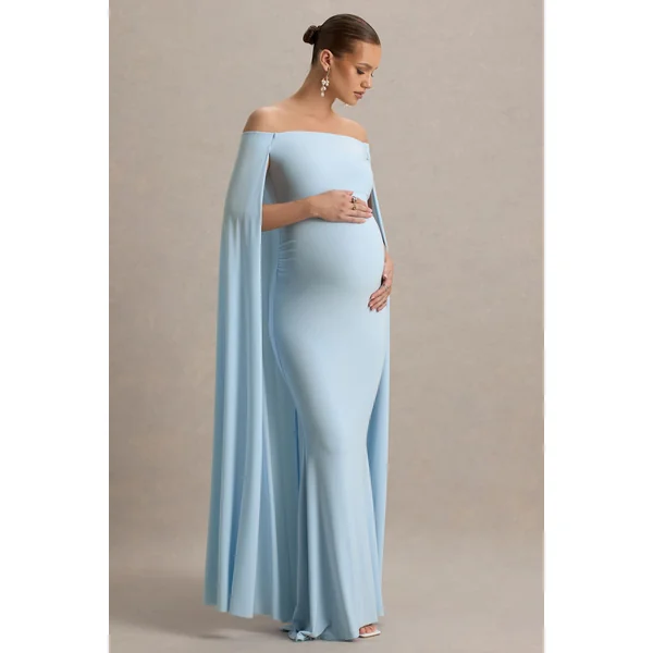 Radiance | Robe Longue De Maternité Bleu Poudré à Décolleté Bardot avec Cape