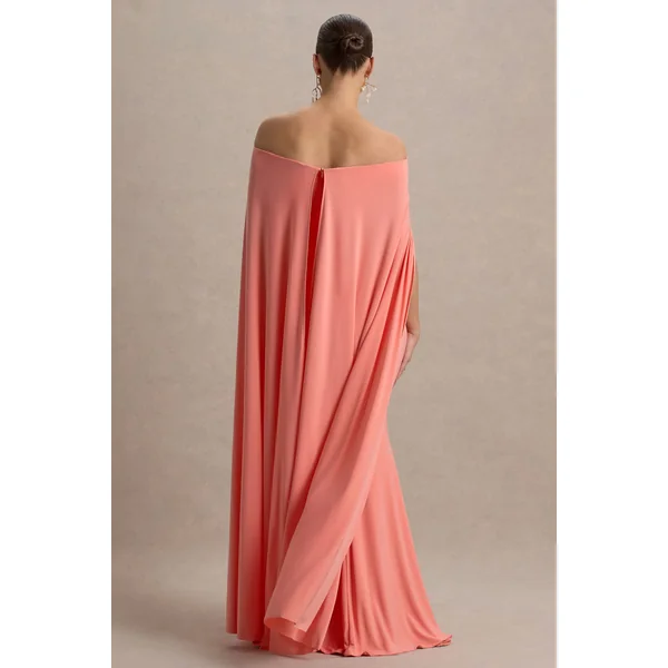 Radiance | Robe Longue De Maternité Corail à Décolleté Bardot avec Cape