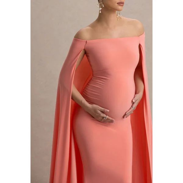 Radiance | Robe Longue De Maternité Corail à Décolleté Bardot avec Cape