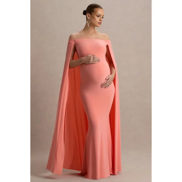 Radiance | Robe Longue De Maternité Corail à Décolleté Bardot avec Cape