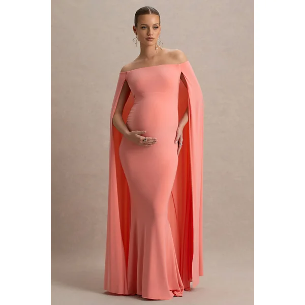 Radiance | Robe Longue De Maternité Corail à Décolleté Bardot avec Cape