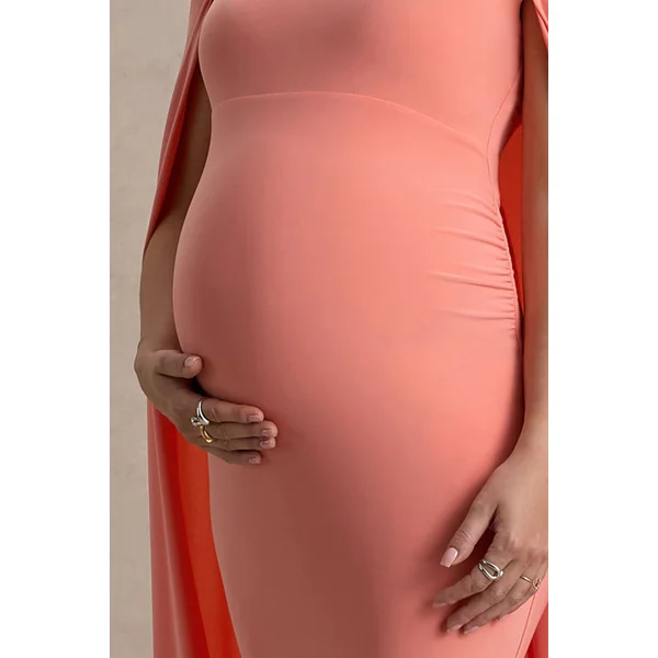 Radiance | Robe Longue De Maternité Corail à Décolleté Bardot avec Cape