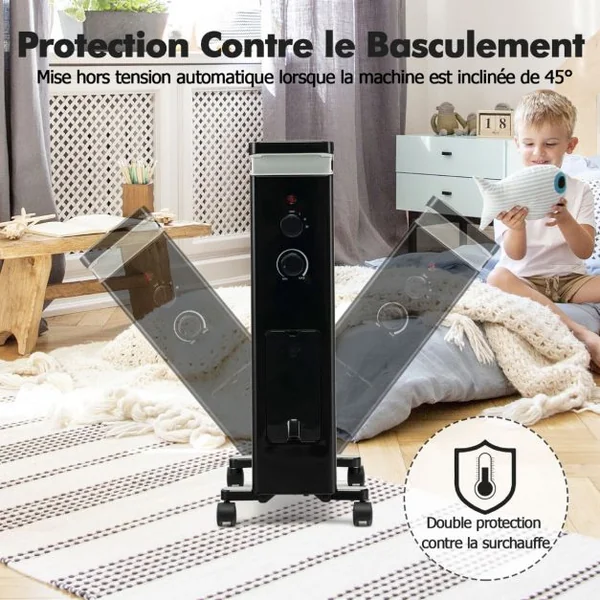 Radiateur Bain d'Huile 1500W 3 Chaleurs Réglable Séchoir Rétractable Thermostat Intégré Double Protection 7 Eléments Noir
