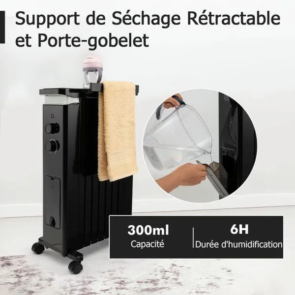 Radiateur Bain d'Huile 1500W 3 Chaleurs Réglable Séchoir Rétractable Thermostat Intégré Double Protection 7 Eléments Noir