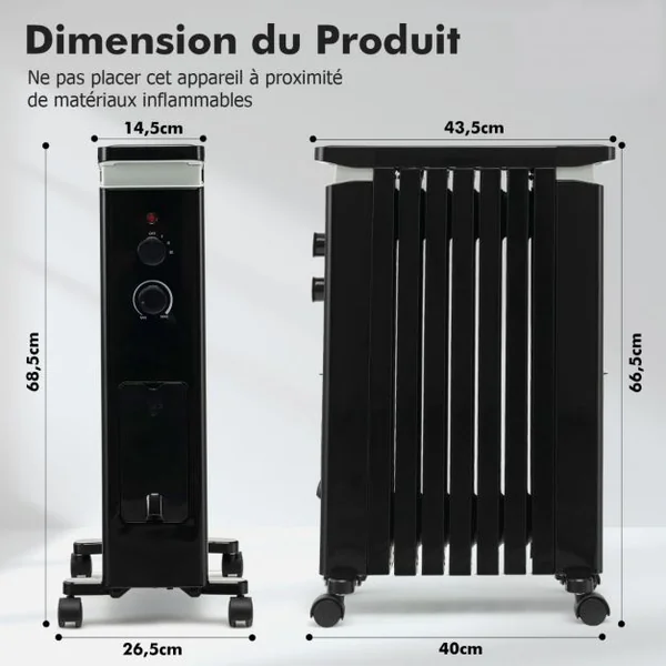 Radiateur Bain d'Huile 1500W 3 Chaleurs Réglable Séchoir Rétractable Thermostat Intégré Double Protection 7 Eléments Noir