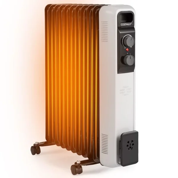 Radiateur Bain d'Huile Portable 2000W 3 Puissance 9 Éléments Thermostat Réglable Double Protection Rangement de Prise 25㎡