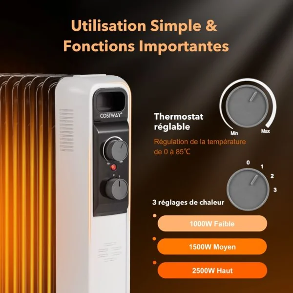 Radiateur Bain d'Huile Portable 2000W 3 Puissance 9 Éléments Thermostat Réglable Double Protection Rangement de Prise 25㎡