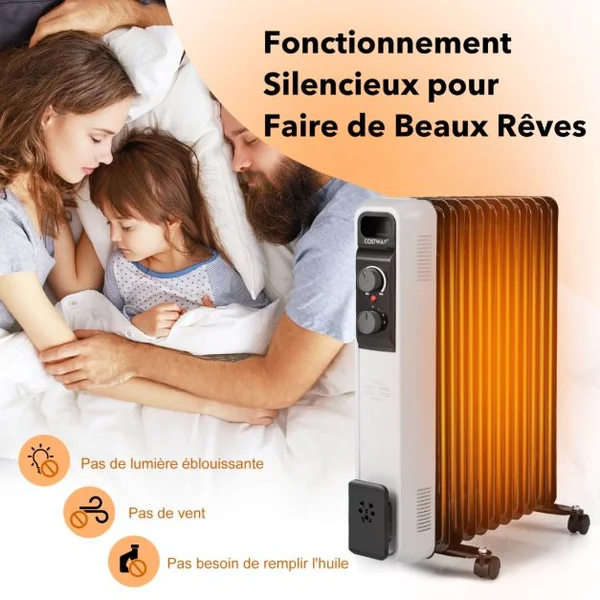 Radiateur Bain d'Huile Portable 2000W 3 Puissance 9 Éléments Thermostat Réglable Double Protection Rangement de Prise 25㎡