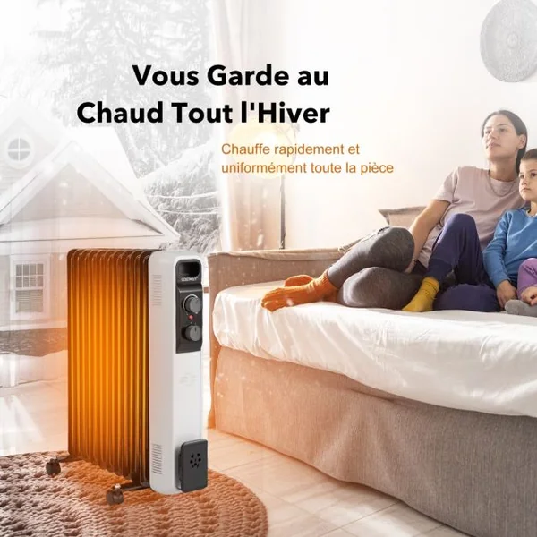Radiateur Bain d'Huile Portable 2000W 3 Puissance 9 Éléments Thermostat Réglable Double Protection Rangement de Prise 25㎡