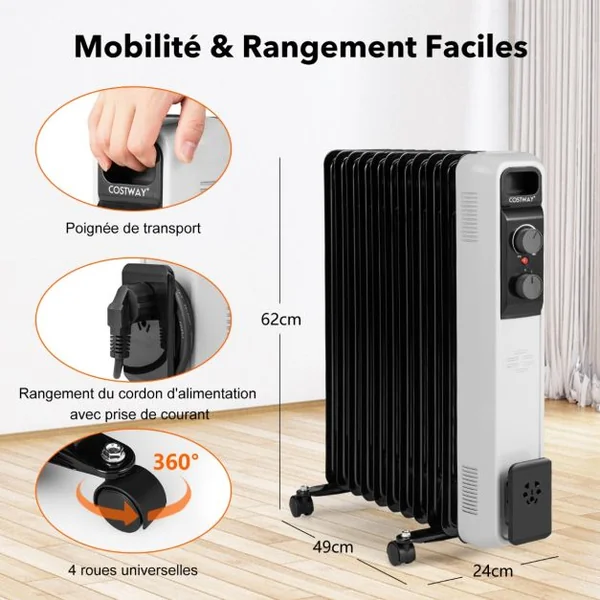 Radiateur Bain d'Huile Portable 2000W 3 Puissance 9 Éléments Thermostat Réglable Double Protection Rangement de Prise 25㎡