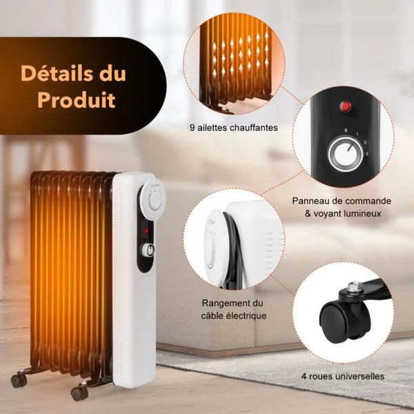 Radiateur Bain d'Huile Portable 2000W 3 Puissance 9 Éléments Thermostat Réglable Double Protection Économie d’Energie 25㎡ Noir