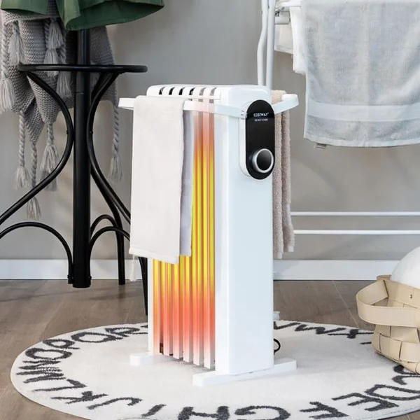 Radiateur à Huile Mobile 1500W 3 Chaleurs Réglable Racks de Serviettes Double Protection contre Surchauffe 7 Eléments Blanc