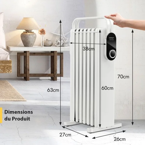 Radiateur à Huile Mobile 1500W 3 Chaleurs Réglable Racks de Serviettes Double Protection contre Surchauffe 7 Eléments Blanc