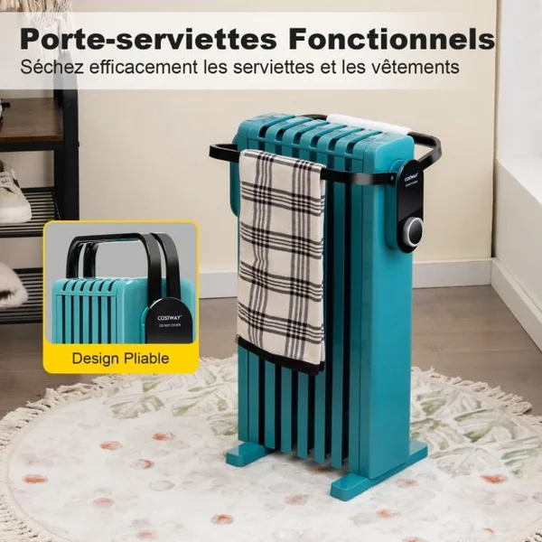 Radiateur à Huile Mobile 1500W 3 Chaleurs Réglable Racks de Serviettes Double Protection contre Surchauffe 7 Eléments Vert