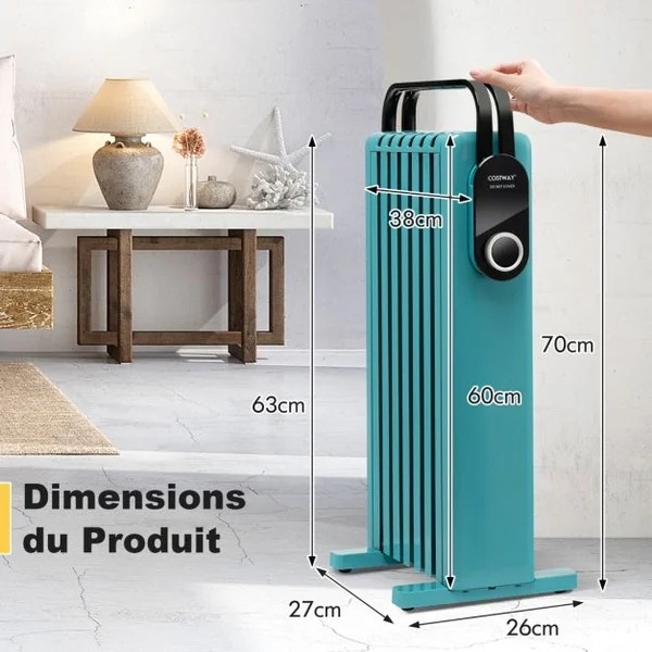 Radiateur à Huile Mobile 1500W 3 Chaleurs Réglable Racks de Serviettes Double Protection contre Surchauffe 7 Eléments Vert