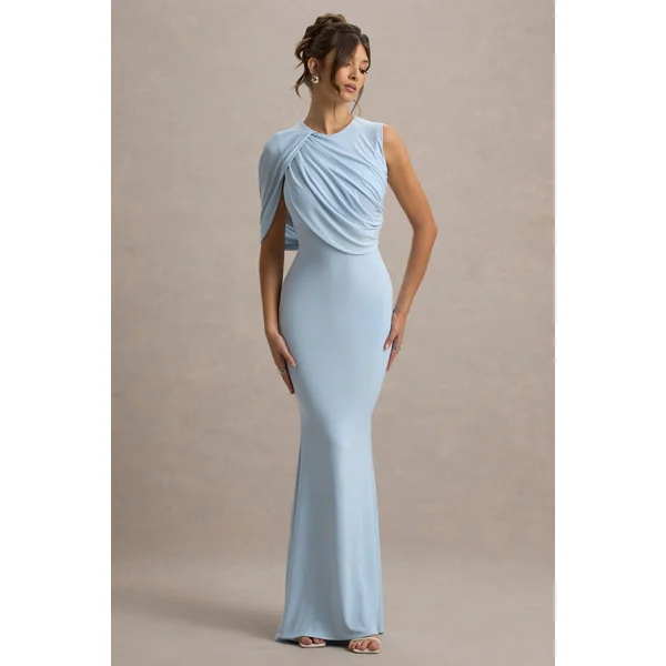 Rae | Robe Longue Bleu Poudre avec Cape à Une Manche