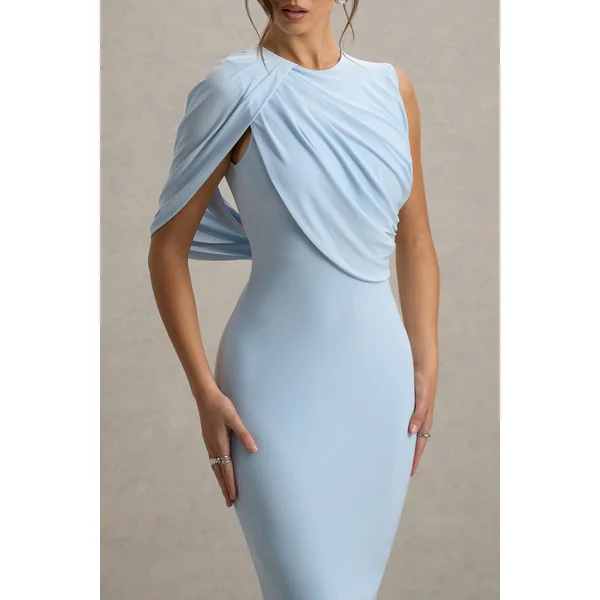 Rae | Robe Longue Bleu Poudre avec Cape à Une Manche