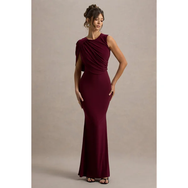 Rae | Robe longue bordeaux avec manche cape unique