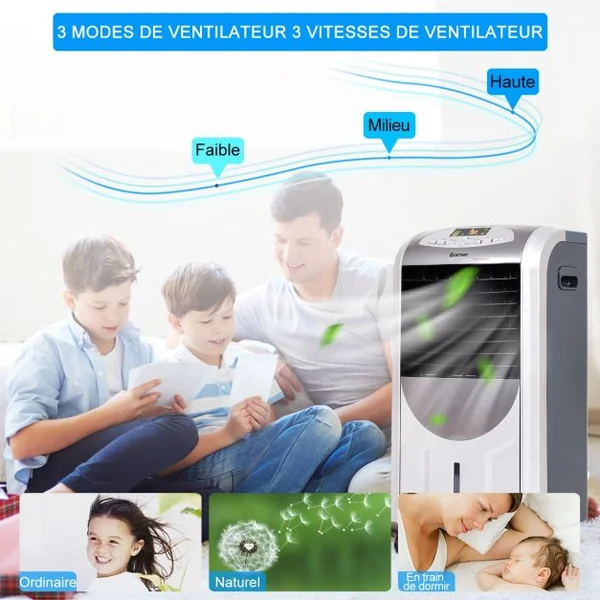 Rafraîchisseur d'Air avec Chauffage avec Télécommande 3 Vitesses Variables Minuterie 8H Réservoir d'eau 7L et 2 Conteneurs de Glace