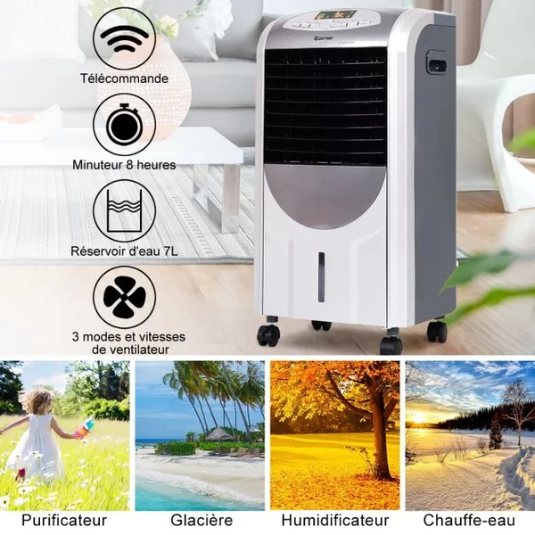 Rafraîchisseur d'Air avec Chauffage avec Télécommande 3 Vitesses Variables Minuterie 8H Réservoir d'eau 7L et 2 Conteneurs de Glace