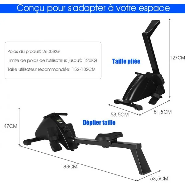 Rameur d'Appartement Pliable à Résistance 10 Niveaux Ecran Lcd Capacité 120kg Musculation Des Bras Cardio-Training Noir