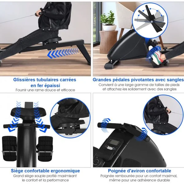 Rameur d'Appartement Pliable à Résistance 10 Niveaux Ecran Lcd Capacité 120kg Musculation Des Bras Cardio-Training Noir