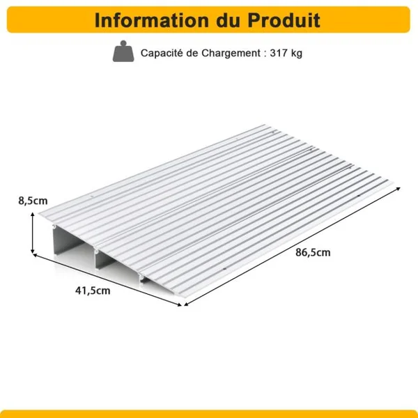 Rampe de Seuil de Porte de 8,5cm avec Hauteur Réglable en Aluminium Antidérapante Charge 317KG pour Fauteuils Roulants