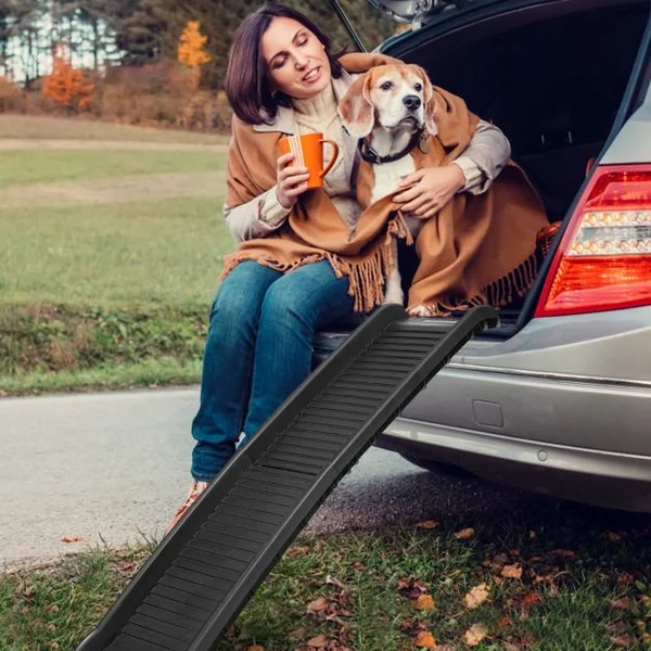 Rampe pour Animaux Pliable 155x40,5CM en Plastique Surface Antidérapante Support Jusqu’à 75KG Noir