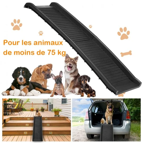 Rampe pour Animaux Pliable 155x40,5CM en Plastique Surface Antidérapante Support Jusqu’à 75KG Noir