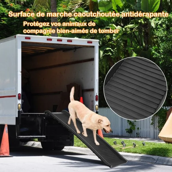 Rampe pour Animaux Pliable 155x40,5CM en Plastique Surface Antidérapante Support Jusqu’à 75KG Noir