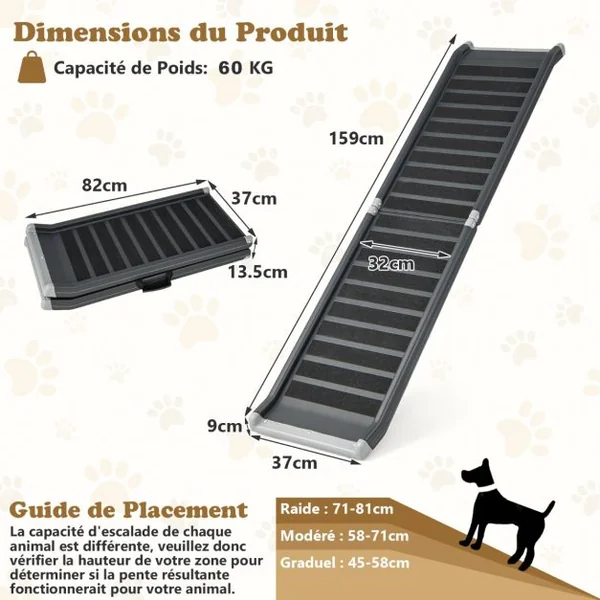 Rampe pour Chien Pliable avec Cadre en Métal Charge 60KG Escalier Pour Animaux Antidérapante avec Verrouillage pour Voiture