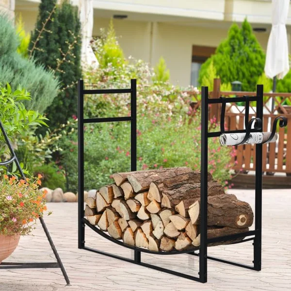 Range Bûche Intérieur avec 2 Crochets Amovible pour Bois de Chauffage 84 x 33 x 76 CM Charge 50 KG Cadre en Fer