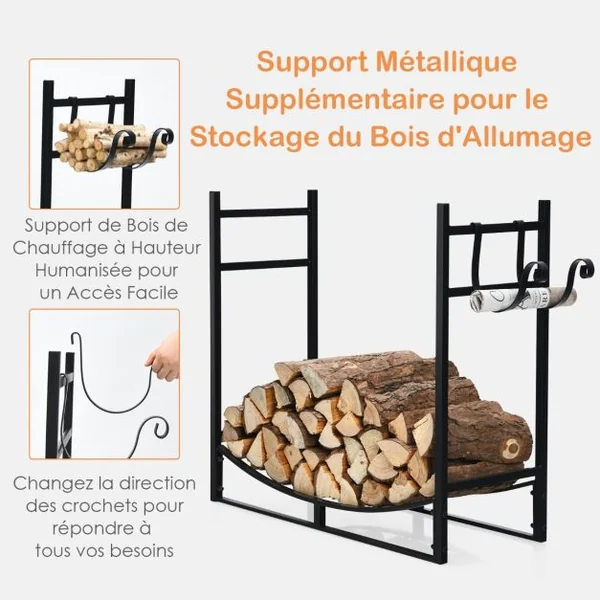 Range Bûche Intérieur avec 2 Crochets Amovible pour Bois de Chauffage 84 x 33 x 76 CM Charge 50 KG Cadre en Fer