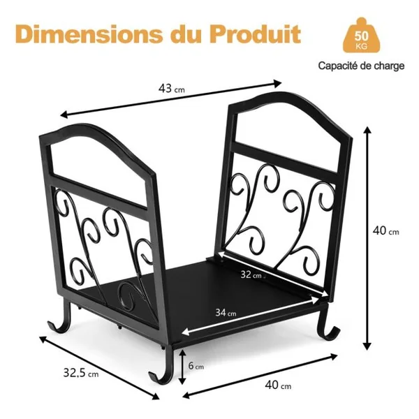 Range Bûche Intérieur Porte-Bûches Métal Charge 60 kg pour Rangement Bois Intérieur Porte Bûche Cheminée 43 x 40 x 32 cm